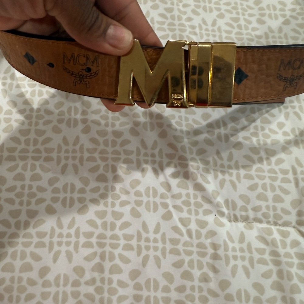 MCM Tan Leather Belt with Gold Buckle
